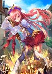  axe bad_id bad_pixiv_id battle_axe blue_hat blue_sky brick cloud day full_body grey_legwear hat leaning looking_at_viewer original outdoors path pink_hair planted_weapon red_eyes red_skirt road shenteita skirt sky solo standing thighhighs weapon 