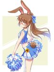  animal_ears badge brown_eyes brown_hair bunny_ears bunny_girl bunny_tail cheerleader commentary glasses iesupa pom_poms ponytail roosterteeth rwby solo tail velvet_scarlatina 