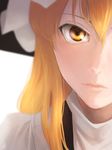  amino_(tn7135) blonde_hair blurry close-up closed_mouth face hat kirisame_marisa light_particles lips long_hair looking_at_viewer out_of_frame portrait revision signature simple_background solo touhou turtleneck white_background witch_hat yellow_eyes 