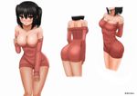  :o alternate_costume arms_behind_back ass bare_shoulders black_hair blush breasts brown_eyes collarbone from_behind head_out_of_frame highres kantai_collection kinnan leaning_forward long_sleeves looking_at_viewer medium_breasts multiple_views naked_sweater off-shoulder_sweater open_mouth red_sweater revision sendai_(kantai_collection) short_hair shoulder_blades simple_background standing sweater thigh_gap two_side_up white_background 
