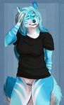  anthro blue_background blue_eyes blue_fur blue_hair breasts canine clothed clothing feathers female fur hair hand_behind_back mammal marjani one_eye_closed partially_clothed pubes pussy shirt simple_background smile solo standing tagme white_fur wolf 