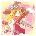  1girl beryl_benito blonde_hair braid breasts brown_eyes hat long_hair paintbrush ribbon smile tales_of_(series) tales_of_hearts wide_sleeves witch_hat 
