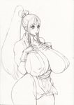  1girl bonten breasts curvy fatal_fury female gigantic_breasts japanese_clothes long_hair looking_at_viewer monochrome nipples ponytail shiranui_mai sideboob simple_background sketch solo thong traditional_media 