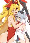 ;d animal_ears anne_bonny_(fate/grand_order) bare_arms bare_shoulders black_gloves black_hairband blonde_hair blush body_blush bow bowtie breast_press breasts bunny_ears bunnysuit clearite closed_mouth covered_navel cowboy_shot detached_collar elbow_gloves embarrassed facial_scar fake_animal_ears fate/grand_order fate_(series) fur-trimmed_gloves fur_trim gloves gun hairband hat holding holding_gun holding_weapon large_breasts leotard long_hair looking_at_viewer mary_read_(fate/grand_order) medium_breasts multiple_girls one_eye_closed open_mouth pirate_hat red_bow red_hat red_leotard red_neckwear scar short_hair sideboob simple_background skull_print smile standing sweat thighs two_side_up v very_long_hair wavy_mouth weapon white_background white_leotard 