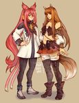  animal_ears blazblue brown_hair cat_ears cat_tail crossover detached_sleeves final_fantasy final_fantasy_xiv full_body glasses highres holo kokonoe long_hair midriff multiple_girls multiple_tails pink_eyes pink_hair ponytail red_eyes reema_and signature simple_background spice_and_wolf standing tail thighhighs wolf_ears wolf_tail 