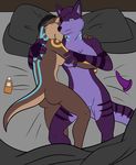  2017 5_fingers anthro asher_(rah-kisara) axel_rae bed black_hair breasts butt cuddling dildo duo eyes_closed female female/female hair half-closed_eyes holding_close intimate invalid_color invalid_color_(tan) laying_on_bed lube_bottle lying mammal mustelid on_back otter purple_hair pussy rah-kisara sex_toy shark_dog shaved side_boob warm_embrace 