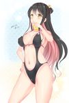  alternate_costume ass_visible_through_thighs black_hair black_swimsuit breasts casual_one-piece_swimsuit covered_nipples cowboy_shot dated drinking drinking_straw hair_ribbon hand_on_hip highres kantai_collection large_breasts multicolored_hair naganami_(kantai_collection) navel_cutout one-piece_swimsuit open_mouth pink_hair ponytail ribbon sakiryo_kanna shiny shiny_clothes shiny_skin sideboob solo swimsuit thighs two-tone_hair wavy_hair yellow_eyes 