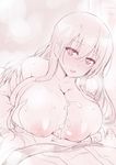  1girl bare_shoulders blush breasts character_request copyright_request cum cum_on_body cum_on_breasts cum_on_upper_body goban hetero huge_breasts inverted_nipples long_hair monochrome nipples open_mouth paizuri 