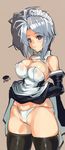  ahoge black_legwear blue_eyes breasts cameltoe cleavage cosmic_break covered_nipples cowboy_shot detached_collar detached_sleeves dress dress_lift highres large_breasts light_brown_background maid_headdress panties perky_breasts puribate_(helgoland) side_ponytail silver_hair simple_background sketch solo strapless strapless_dress thick_thighs thighhighs thighs underwear white_panties 