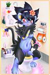  &lt;3 bathroom bisco blush breasts candy cute embarrassed female flower food hair japanese_text jewelry luxray navel nintendo open_mouth peeing plant pok&eacute;mon pussy red_eyes sitting solo text toilet toilet_paper urine video_games 