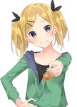  black_eyes blonde_hair blush candy commentary food hair_ornament hair_ribbon hairclip head_tilt highres hood hoodie lollipop long_hair looking_at_viewer max_melon mole mole_under_eye mouth_hold revision ribbon shirobako short_twintails smile solo twintails yano_erika 