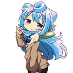  :q bare_shoulders blue_bow blue_hair blush bow bowtie hacka_doll hacka_doll_3 kanikama long_hair looking_at_viewer male_focus off_shoulder otoko_no_ko purple_eyes simple_background solo sweater tongue tongue_out white_background 