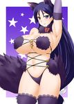  animal_ears arm_up armpits blush breasts cleavage commentary_request cosplay cowboy_shot dangerous_beast elbow_gloves fate/grand_order fate_(series) fur_trim gloves halloween_costume large_breasts long_hair looking_at_viewer mash_kyrielight mash_kyrielight_(cosplay) minamoto_no_raikou_(fate/grand_order) navel purple_eyes purple_hair smile solo tail thighhighs thighs very_long_hair wolf_ears zerosu_(take_out) 
