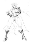 1girl bare_legs bonten boots breasts cape curvy dc_comics female full_body large_breasts leotard looking_at_viewer monochrome muscle no_bra power_girl short_hair sketch smile solo standing thong_leotard 