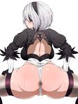  1girl ass blindfold blush breasts hairband highres huge_ass large_breasts leotard looking_at_viewer looking_back nier_(series) nier_automata parted_lips partially_visible_anus shiny shiny_skin short_hair skirt solo squatting thick_thighs thighhighs thighs thong_leotard white_hair white_leotard yorha_no._2_type_b 
