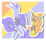  1girl bad_id bad_pixiv_id blue_eyes claws color_switch gen_7_pokemon looking_at_another multicolored multicolored_background no_humans outline pokemon pokemon_(creature) pokemon_(game) pokemon_sm tapu_fini tapu_koko white_outline 