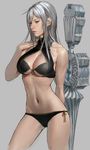  breasts cleavage cowboy_shot front-tie_top grey_background highres idnar medium_breasts navel realistic revision selvaria_bles senjou_no_valkyria side-tie_bottom silver_hair solo underboob_cutout 