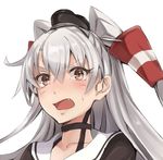  amatsukaze_(kantai_collection) blush brown_eyes choker commentary_request eyebrows_visible_through_hair face fang kantai_collection long_hair open_mouth pokimari silver_hair simple_background solo two_side_up white_background 