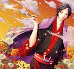  bad_id bad_pixiv_id black_hair blue_eyes closed_mouth cloud collarbone eyeshadow floral_print flower haori holding holding_pipe hoozuki_(hoozuki_no_reitetsu) hoozuki_no_reitetsu horn japanese_clothes juji95 leaf long_sleeves looking_away makeup male_focus orange_flower petals pipe pointy_ears red_flower sky smoking solo sparkle white_flower wide_sleeves yellow_flower 