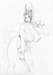  1girl bonten breasts curvy fatal_fury female huge_breasts japanese_clothes long_hair looking_at_viewer monochrome nipples no_bra ponytail shiranui_mai sideboob simple_background solo standing thong traditional_media 