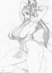  1girl bonten breasts curvy erect_nipples fatal_fury female huge_breasts japanese_clothes long_hair looking_at_viewer monochrome no_bra ponytail shiranui_mai sideboob simple_background smile solo thong traditional_media 