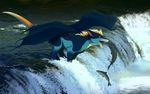  2017 akitamonster blue_fur blue_horn blue_tail blue_wings detailed_background digital_media_(artwork) dragon feral fish fur furred_dragon grey_body horn male marine membranous_wings multicolored_fur multicolored_tail open_mouth orange_fur orange_tail outside quadruped river solo teeth teryx_commodore water waterfall white_fur white_tail wings yellow_eyes 