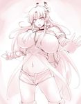 breasts character_request cleavage goban hair_ribbon hair_tubes huge_breasts long_hair midriff monochrome navel open_mouth outstretched_arm panties ribbon short_shorts shorts solo thighhighs underwear 