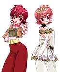  back bare_shoulders belt breasts choker cosplay dress hair_ornament inanna inanna_(cosplay) iria_animi jacket midriff navel open_mouth pants pantyhose pink_eyes red_eyes red_hair scarf short_hair smile tales_of_(series) tales_of_innocence 