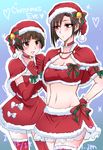  :3 :d aoyanagi_risa armband bangs blush breasts brown_eyes brown_hair cleavage dated elbow_gloves fur_trim gloves hand_on_hip hat heart highres kiraki large_breasts midriff mole mole_under_eye multiple_girls navel open_mouth psycho-pass red_gloves red_legwear santa_costume santa_hat shawl short_hair small_breasts smile thighhighs tsunemori_akane twitter_username zettai_ryouiki 