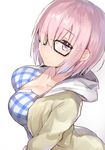  breasts cleavage dress fate/grand_order fate_(series) glasses hair_over_one_eye highres hood hoodie kyouki looking_up mash_kyrielight medium_breasts plaid plaid_dress purple_eyes purple_hair short_hair simple_background solo white_background 