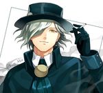  edmond_dantes_(fate/grand_order) fate/grand_order fate_(series) fedora gloves hair_over_one_eye hat kaikodou_kana looking_at_viewer male_focus simple_background smile smoke solo wavy_hair white_background white_hair yellow_eyes 