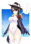  ass_visible_through_thighs bad_id bad_pixiv_id black_hair black_jacket braid brown_eyes cosplay covered_navel emperor_penguin_(kemono_friends) emperor_penguin_(kemono_friends)_(cosplay) hair_over_one_eye hair_over_shoulder hat headphones highleg highleg_leotard jacket kemono_friends leotard long_hair multicolored_hair simple_background single_braid solo standing tetsurou_(fe+) thighhighs touhou translated usami_renko wavy_mouth white_background white_legwear white_leotard 