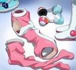  clothes_removed haruyama_kazunori headphones knee_boots leotard no_humans on_floor pink_legwear pink_leotard shadow shiny skirt sleeveless thighhighs time_bokan_(series) time_bokan_24 white_footwear 