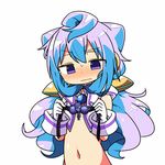  blue_hair blush commentary_request gloves hacka_doll hacka_doll_3 kanikama long_hair lowres male_focus navel otoko_no_ko purple_eyes simple_background solo sweatdrop upper_body white_background white_gloves 