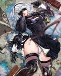  black_dress black_gloves black_legwear blindfold bokkusu boots dress feather-trimmed_sleeves gloves hairband highres leotard_under_clothes lying mole mole_under_mouth nier_(series) nier_automata on_back parted_lips planted_sword planted_weapon puddle puffy_sleeves rock short_hair silver_hair solo sword thigh_boots thighhighs water weapon yorha_no._2_type_b 
