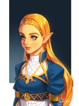 1girl blonde_hair blue_shirt closed_mouth commentary english_commentary green_eyes high_collar long_hair mella nintendo pointy_ears princess_zelda puffy_sleeves red_lips shirt the_legend_of_zelda the_legend_of_zelda:_breath_of_the_wild tiara white_shirt 