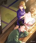  1girl arm_pillow blonde_hair facial_hair folded_clothes folding_clothes from_above goatee green_eyes hatomugi_(htmg_nrt) husband_and_wife japanese_clothes lap_pillow low_twintails lying nara_shikamaru naruto naruto_(series) on_side porch shadow signature sleeping smile tatami temari twintails twitter_username 