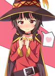  belt black_belt black_hair blush cape choker collar hat heart highres kono_subarashii_sekai_ni_shukufuku_wo! looking_at_viewer megumin red_eyes short_hair solo spoken_heart tokitoki_(commando) witch_hat 