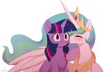  2017 blush duo equine eyes_closed feathered_wings feathers female female/female feral friendship_is_magic hair horn kissing long_hair mammal momomistress multicolored_hair my_little_pony princess_celestia_(mlp) purple_eyes purple_feathers simple_background smile twilight_sparkle_(mlp) white_background white_feathers winged_unicorn wings 