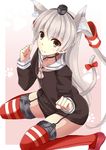  amatsukaze_(kantai_collection) animal_ears bad_id bad_pixiv_id brown_eyes cat_ears cat_tail clenched_hands dress hair_tubes kantai_collection long_hair long_sleeves paw_print red_footwear red_legwear sailor_collar sailor_dress shoes silver_hair smile solo tail thighhighs two_side_up windsock youkan_(mattya_youkan) 