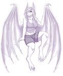  2017 anthro barefoot bat bat_wings claws clothed clothing crop_top fangs female hair half-closed_eyes inkrend long_hair looking_at_viewer mammal membranous_wings midriff navel shirt shorts simple_background sitting smile solo toe_claws torn_clothing torn_wings white_background white_hair white_skin wings 