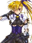  armor blonde_hair bodysuit breasts broken_armor clenched_hand cowboy_shot cropped_jacket gloves hair_ribbon jacket large_breasts light_blush long_hair looking_at_viewer lyrical_nanoha magical_girl mahou_shoujo_lyrical_nanoha_vivid older open_clothes open_jacket red_eyes ribbon san-pon side_ponytail simple_background smirk solo torn_bodysuit torn_clothes torn_gloves torn_jacket underboob very_long_hair vivio waist_cape white_background 