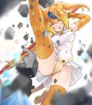  :o animal_ears bangle bare_shoulders blonde_hair blue_hair bracelet breasts circlet commentary_request elbow_gloves gloves golden_snub-nosed_monkey_(kemono_friends) gradient_hair high_ponytail holding holding_staff jewelry kemono_friends long_hair looking_at_viewer medium_breasts monkey_ears monkey_tail multicolored_hair naka_akira open_mouth orange_hair outstretched_arms ponytail rock skirt solo spread_legs staff tail thighhighs two-tone_hair v-shaped_eyebrows yellow_legwear 