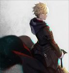  armor arthur_pendragon_(fate) back blonde_hair buckle commentary dark_persona dutch_angle excalibur_(fate/prototype) fate/prototype fate_(series) fur-trimmed_sleeves fur_trim hakusai_(tiahszld) long_sleeves looking_at_viewer looking_back male_focus planted_sword planted_weapon solo sword symbol_commentary weapon yellow_eyes 