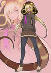  animal_hood ankle_boots blonde_hair boots brown_eyes dark_skin forked_tongue highres hood jacket jovejun kemono_friends king_cobra_(kemono_friends) long_hair necktie pantyhose shirt snake_tail solo tail tongue 