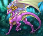  day detailed_background dragon featureless_crotch female feral forest membranous_wings oksara pink_skin solo standing tree wings yellow_eyes 