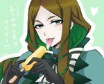  artist_name black_gloves brown_hair eyeshadow food gloves green_background green_eyes green_hair heart highres kiraki long_hair looking_at_viewer makeup phara_suyuf popsicle saliva senki_zesshou_symphogear sexually_suggestive solo sweatdrop tongue tongue_out translation_request 