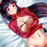  blush bottomless breasts eyebrows_visible_through_hair gym_leader highres large_breasts long_hair lying md5_mismatch natsume_(pokemon) nipples out-of-frame_censoring pokemon pokemon_(game) pokemon_rgby purple_hair red_eyes shiny shiny_skin smile solo vekneim whip 