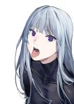  1girl absurdres bangs blunt_bangs bodysuit character_request commentary copyright_request duoyuanjun english_commentary eyebrows_visible_through_hair highres long_hair looking_at_viewer mechanical_eye open_mouth original purple_eyes silver_hair skin_tight tongue tongue_out 