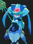  1girl android black_background cowboy_shot green_hair helmet holding holding_staff kon_(kin219) looking_at_viewer md5_mismatch pandora_(rockman) power_armor red_eyes rockman rockman_zx simple_background solo staff weapon wide_hips 